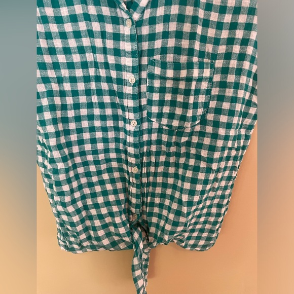 OLD NAVY women’s green gingham checkered shirt, button up with tie, sz S - Picture 3 of 4
